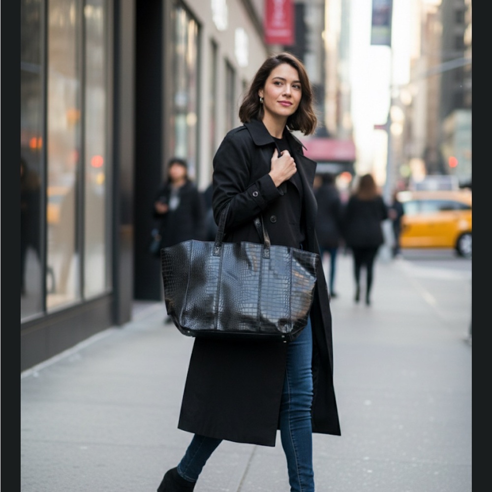 Norman‎ Marcus Elegant Black Croc-Embossed Tote Bag